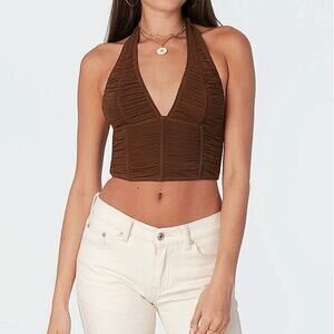 Edikted Brown y2k Sleeveless V-Neck Halter Tie Cinched Corset Crop Tank Top Sz S